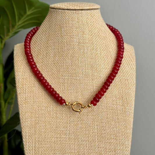 Dark Red Beaded Stone Necklace