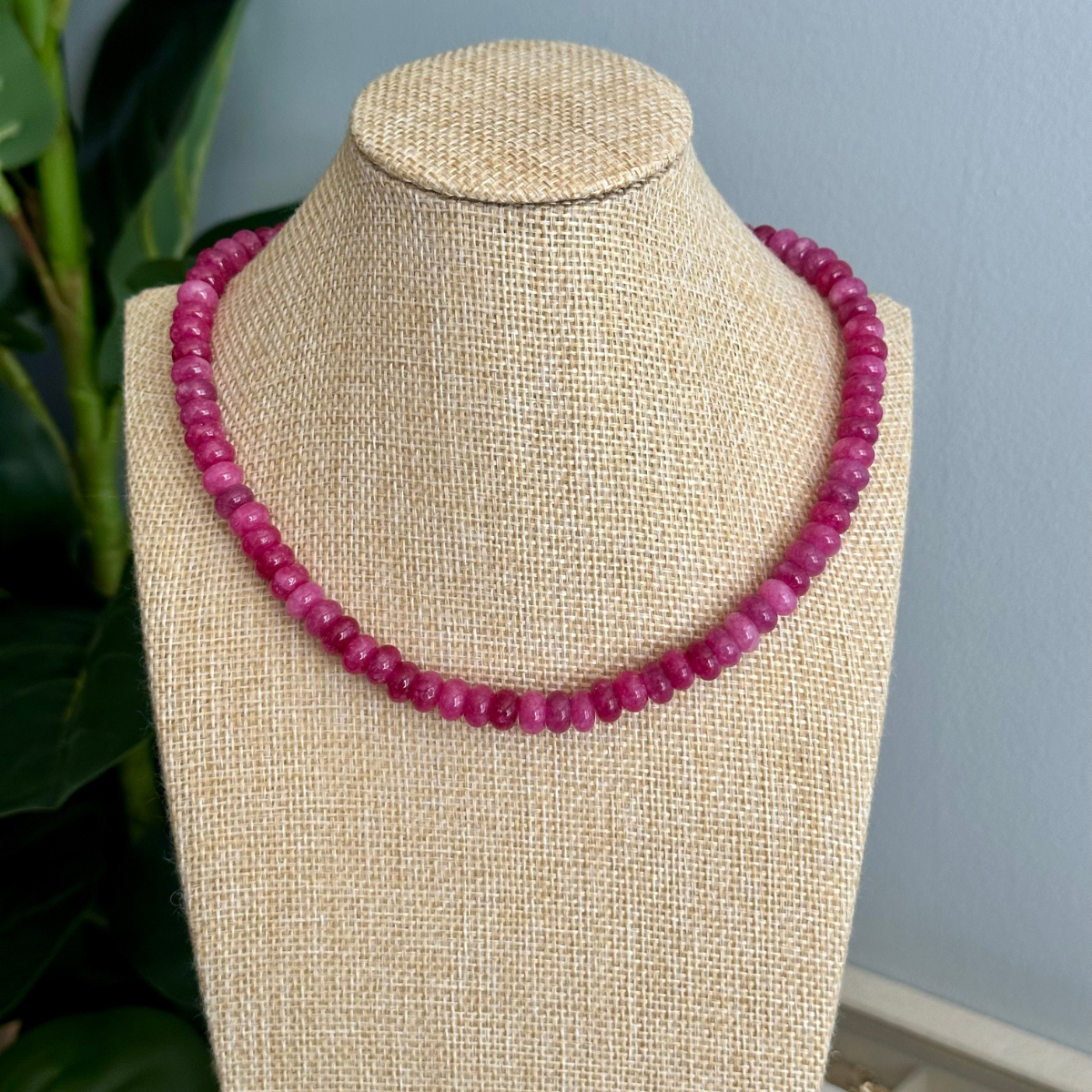 Magenta Pink Beaded Stone Necklace