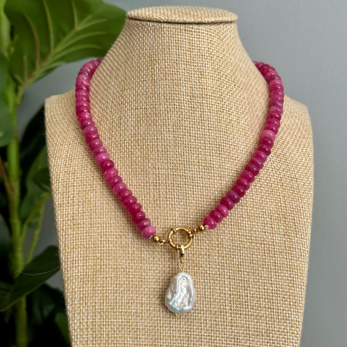 Magenta Pink Beaded Stone Necklace