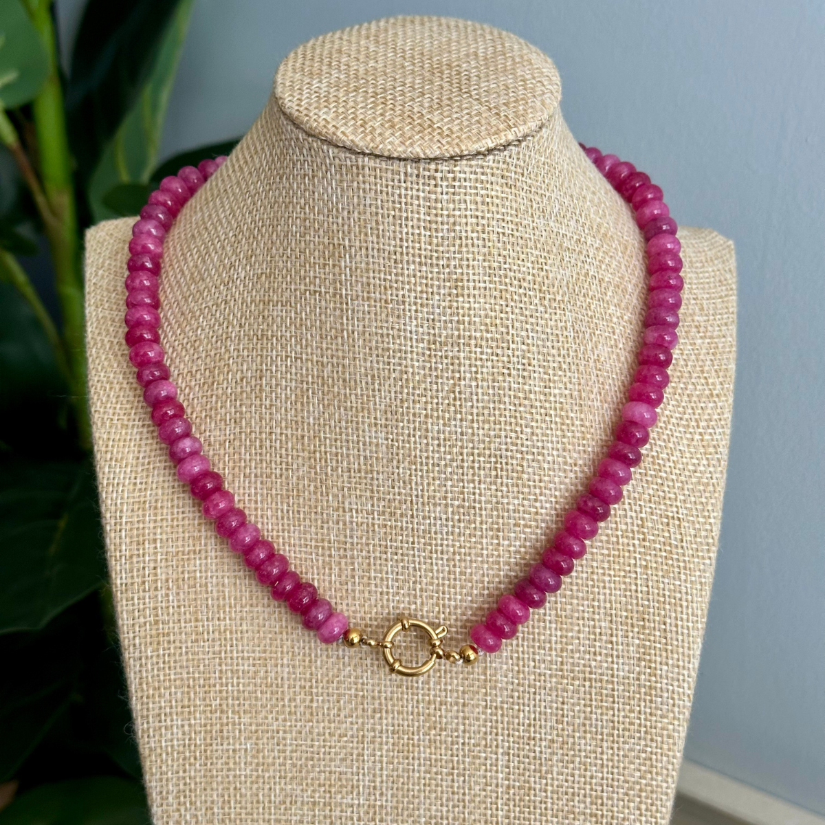 Magenta Pink Beaded Stone Necklace